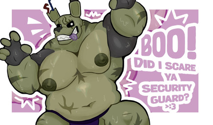5_fingers anthro barazoku belly big_muscles big_nipples big_pecs black_sclera clothed clothing fingers glowing glowing_eyes green_body jockstrap jockstrap_only looking_at_viewer machine male muscular muscular_anthro muscular_male nipples overweight overweight_anthro overweight_male pecs piercing raised_arms sharp_teeth slightly_chubby smile smug smug_face smug_grin solo teeth tongue tongue_out tongue_piercing topless underwear underwear_only crococola five_nights_at_freddy's five_nights_at_freddy's_3 scottgames springdad_springtrap_(fnaf) springtrap_(fnaf) animatronic lagomorph leporid mammal rabbit robot hi_res