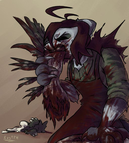 3_fingers 3_toes 4_ears 4_fingers ambiguous_gender ambiguous_prey angry anthro anthro_pred anthro_prey apron biped bite black_body black_feathers black_finger_claws black_fur black_hair blood blood_from_mouth blood_in_mouth blood_on_clothing blood_on_face blood_on_hand blood_splatter bodily_fluids brown_hair claws clothed clothing corpse countershading death duo eating feathered_arms feathered_wings feathers feet female female_pred finger_claws fingers food fur gore green_clothing green_shirt green_topwear grey_body group guts hair hard_vore holding_object intestines kneeling long_hair lying meat messy multi_ear multicolored_body mutilation nightmare_fuel on_side open_mouth organs paws severed_body_part severed_hand shirt simple_background sleeves snuff solo_focus tail tan_background teeth text toes topwear trio tuft tufted_fur violence vore white_body white_feathers white_fur winged_arms wings kestrel_(artist) family_guy_death_pose abigail_(kestrel) fyr_(fenrir784) layvan avali avian bird felid feline mammal picid woodpecker 2026 artist_name colored digital_drawing_(artwork) digital_media_(artwork) english_text hi_res meme shaded signature simple_shading