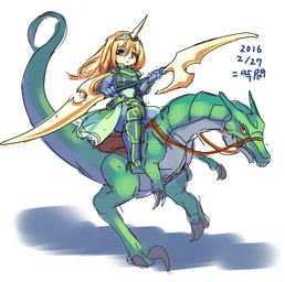 anthro armor bridle duo female feral fur horn melee_weapon reins riding saddle simple_background straddling text weapon white_background ni_jikan lagomorph leporid mammal rabbit reptile scalie guide_lines japanese_text signature