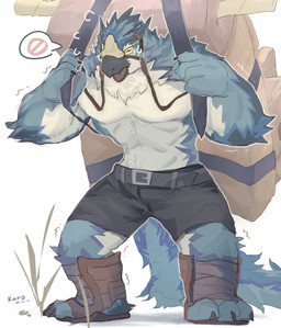 3_toes 5_fingers >_< anthro backpack beak belt_buckle biped black_beak black_bottomwear black_claws black_clothing black_shorts blue_body blue_countershading blue_fur bottomwear brown_clothing brown_footwear brown_shoes buckle claws clothed clothed_anthro clothed_male clothing countershade_arms countershade_face countershade_fur countershade_legs countershade_neck countershade_tail countershade_torso countershading emoticon eyes_closed feet finger_claws fingers footwear front_view fur holding_belt holding_object male multicolored_body multicolored_fur muscular muscular_anthro muscular_male no_symbol open_beak open_mouth plant plantigrade red_tongue shaking shoes shorts simple_background snout solo speech_bubble standing sweatdrop_(iconography) tail text toe_claws toeless_footwear toeless_shoes toes tongue tongue_showing topless topless_anthro topless_male tremble_lines trembling white_background yellow_sclera kuromonsart capcom monster_hunter bird_wyvern seikret 2025 absurd_res artist_name colored dated digital_drawing_(artwork) digital_media_(artwork) english_text full-length_portrait hi_res portrait