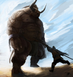 abs anthro big_muscles bottomwear brown_body brown_fur clothing cuff_(restraint) duo fur horn huge_muscles knight loincloth male melee_weapon musclegut muscular nipples pecs polearm restraints shackles size_difference spear warrior weapon tanksk_(artist) european_mythology greek_mythology mythology bovid bovine human mammal minotaur hi_res