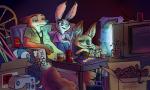 alcohol anthro beverage chips_(food) electronics female food fur furniture group male plant poster potato_chips sewing_machine snacks sofa television toothpick wagon_wheel wine yohiri disney zootopia finnick_(zootopia) judy_hopps nick_wilde bat canid canine fennec_fox fox lagomorph leporid mammal rabbit red_fox true_fox film_(disambiguation) hi_res