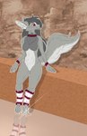 anthro breasts closed_smile eyelashes featureless_breasts featureless_crotch female fur grey_body grey_fur grey_hair grey_nose grey_tail hair long_hair mostly_nude mouth_closed purple_eyes sitting smile solo tail white_body white_fur white_tail scarlanya canid mammal signature