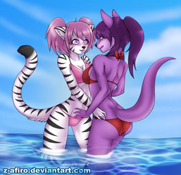anthro beach bikini breasts butt clothing detailed_background duo female hair legs_in_water outside partially_submerged pigtails ponytail pose relaxing sea seaside sky standing standing_in_water submerged_legs sun swimwear two-piece_swimsuit water z-afiro candy_(shockblast) iggy_(bornvictim) felid mammal pantherine tiger 2015 digital_media_(artwork) hi_res