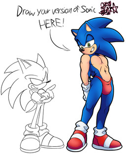 accessories_only accessory anthro art_challenge athletic athletic_male big_bulge black_nose blue_body bulge clothed clothing duo footwear gesture gloves hand_gesture handwear looking_down male narrowed_eyes pecs pointing shoes size_difference small_waist smile solo speedo swimwear text topless underwear underwear_only crisn-black-space sega sonic_the_hedgehog_(series) sonic_the_hedgehog eulipotyphlan hedgehog mammal 4:5 english_text hi_res redraw