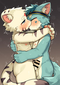5_fingers accessory anthro anthro_on_anthro areola arm_markings arm_tuft balls balls_touching biped blue_body blue_ears blue_eyes blue_fur blue_hair blue_markings blue_tail blue_tuft blush blush_lines bodily_fluids butt censor_bar censored_genitalia censored_penis cheek_markings cheek_tuft claws countershade_arms countershade_balls countershade_face countershade_fur countershade_genitalia countershade_hands countershade_legs countershade_neck countershade_penis countershade_thighs countershade_torso countershading dipstick_tail duo ear_markings elbow_tuft emanata erection eyebrows eyes_closed facial_markings facial_tuft finger_claws fingerpads fingers forehead_markings french_kissing frottage fur fur_markings fur_tuft genital_fluids genitals gradient_background grey_background grey_markings grey_stripes grey_tail_tip hair head_markings head_tuft headband headband_only hug hugging_another humanoid_genitalia humanoid_hands humanoid_penis ineffective_censorship inner_ear_fluff interspecies iris kemono kissing long_tail looking_pleasured male male/male male_anthro markings monotone_hair multicolored_body multicolored_fur narrowed_eyes nipples nude nude_anthro nude_male pawpads penile penis penises_touching pink_areola pink_blush pink_inner_ear pink_nipples pink_pawpads pink_tongue precum pupils red_blush red_markings romantic romantic_couple sex shaking short_hair shota side_view simple_background snout striped_markings striped_tail stripes sweat sweatdrop tail tail_markings tongue tremble_spikes trembling trembling_for_pleasure triangle_(shape) tuft two_tone_body two_tone_fur white_balls white_body white_claws white_countershading white_ears white_eyebrows white_fur white_inner_ear_fluff white_penis white_snout white_tail white_tuft young young_anthro young_male young_on_young kuromu canid canine felid feline mammal absurd_res censored hi_res shaded