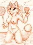 anthro badminton badminton_racket breasts c-section_scar female holding_object holding_racket holding_shuttlecock nipples nude pubes scar shuttlecock solo sport tail water wet xianjaguar canid canine fox mammal 2010 detailed monochrome signature sketch