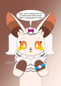 after_transformation alternate_species anthro brown_paws female fur gradient_background hair long_hair looking_at_viewer shocked simple_background speech_bubble tan_body tan_fur text transformation cyrildraws palworld pocketpair lily_the_eevee_(cyrildraws) cremis mammal pal_(species) 2024 digital_media_(artwork) english_text hi_res shaded signature