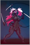 anthro asian_sword blade breasts female hair katana machine melee_weapon pink_hair ponytail pose scabbard simple_background solo stripes sword tail tail_blade wakizashi weapon weapon_tail talynn android felid mammal pantherine robot tiger