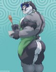 abstract_background anthro apron apron_only back_muscles barazoku biceps big_butt big_muscles blue_background blue_highlights bowl bubble_butt butt claws clothing container cutlery eyebrows eyewear fur glasses hair highlights_(coloring) holding_bowl holding_container holding_object holding_spoon huge_butt huge_muscles huge_thighs kitchen_utensils looking_at_viewer male mostly_nude muscular muscular_anthro muscular_male pecs simple_background smile solo spoon standing teeth thick_thighs tools tuft tylerstark nintendo pokemon armail generation_8_pokemon obstagoon pokemon_(species) 2022 absurd_res hi_res