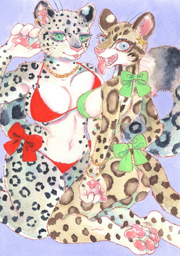 anthro big_breasts bikini blue_eyes bracelet breast_size_difference breast_squish breasts butt clothed clothing duo ear_piercing ear_ring female fur green_eyes jewelry kneeling looking_at_viewer markings necklace open_mouth pawpads paws piercing ring_piercing smile spots squish swimwear tongue tongue_out two-piece_swimsuit kyokyota clouded_leopard felid leopard mammal pantherine snow_leopard 2022 absurd_res hi_res painting_(artwork) traditional_media_(artwork) watercolor_(artwork)
