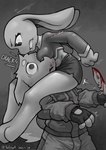 3_toes 4_fingers anthro arm_wound athletic athletic_anthro athletic_female barefoot between_legs blood blood_from_mouth blood_in_mouth blood_on_weapon bodily_fluids boobs_on_face bottomwear breast_squish breasts broken_neck clenched_teeth clothed clothing combat_knife death dominant dominant_female duo eye_bags face_between_breasts fatal_wound feet female female_dominating_male fingers fluffy fluffy_tail glare killing male male_death medium_breasts midriff miniskirt minor_wound natural_breasts pain saliva scut_tail sharp_teeth shocked short_tail skimpy skirt squish submissive submissive_male tail teeth thick_thighs toes torn_clothing violence weapon wide_eyed wounded him_army canid canine canis domestic_dog lagomorph leporid mammal rabbit detailed hi_res monochrome spot_color