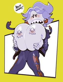 big_breasts bottomwear breasts clothed clothing dialogue ear_piercing ear_ring embarrassed exposed_breasts face_nipples female frown group holding_breast huge_breasts jacket no_areola open_clothing open_jacket open_topwear pants piercing ring_piercing sharp_teeth shirtless speech_bubble teeth text tight_bottomwear tight_clothing tight_pants topwear trio submarine_screw mario_bros nintendo boo_(mario) ghost humanoid spirit 2021 english_text