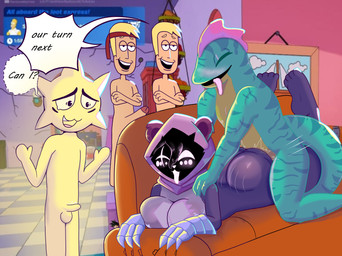 anthro balls being_watched big_breasts big_butt bodily_fluids breasts butt cuckold dialogue facial_scar female female_penetrated genitals group looking_at_another male male/female male_penetrating male_penetrating_female nude penetration penis purple_body scar sex shadow_face simple_background tail text thick_thighs tongue tongue_out yellow_body fangedotter renaspyro epic_games fortnite lizzik_(fortnite) raven_team_leader sunspot_(fortnite) bear elemental_creature elemental_humanoid human humanoid lizard mammal reptile scalie digital_media_(artwork) english_text hi_res