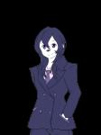 2016 3:4 adolescent alpha_channel anthro black_hair business_attire businesswear canid canine clothed clothing female fully_clothed fur hair hand_in_pocket jacket jinny_(repeat) looking_at_viewer mammal necktie pink_eyes pockets repeat_(visual_novel) shirokoi simple_background smile solo topwear transparent_background white_body white_fur young