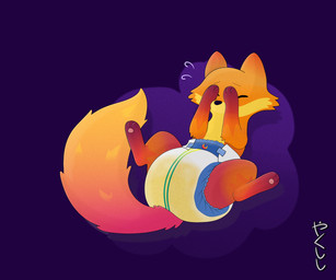 big_diaper bodily_fluids diaper embarrassed feral genital_fluids hand_on_face lying on_back pawpads solo spread_legs spreading sweat sweatdrop toony urine wetting conditional_dnp yakukitsu firefox mozilla kit_(mozilla_firefox) canid canine fox mammal red_fox true_fox 6:5 hi_res nonbinary_(lore)