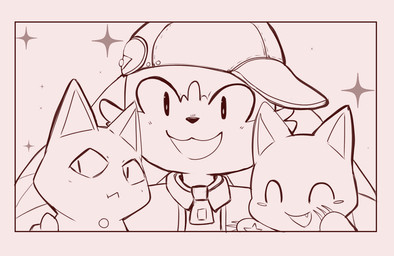 :3 :< anthro blush border claws clone clothing female frown group hat headgear headwear laugh long_ears looking_at_viewer male pink_border pupils slit_pupils smile star zipper kidnapper-pokemon bandai_namco klonoa_(series) klonoa tat_(klonoa) domestic_cat felid feline felis mammal 2021 digital_drawing_(artwork) digital_media_(artwork) monochrome