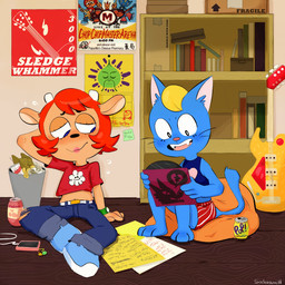 barefoot beverage blonde_hair blue_body blue_fur blush bodily_fluids bottomwear boxers_(clothing) broken_heart cellphone clock clothed clothing crop_top denim denim_bottomwear denim_clothing duo electric_guitar electronics feet female fur guitar hair half-closed_eyes heart_symbol jeans midriff musical_instrument narrowed_eyes navel nervous orange_body orange_fur pants phone plucked_string_instrument red_hair shirt soda string_instrument sweat text topwear torn_clothing underwear watch sockopunch parappa_the_rapper sony_corporation sony_interactive_entertainment um_jammer_lammy katy_kat lammy_lamb bovid caprine domestic_cat felid feline felis mammal sheep 1:1 english_text hi_res