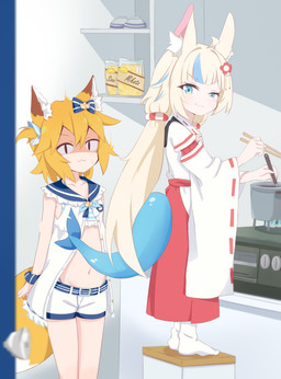 accessory ahoge alternate_costume animal_ears appliance asian_clothing bare_legs belt bikini blonde_hair blue_eyes blush bodily_fluids bottomwear bow_(feature) bowl bracelet cat_smile clothing clothing_swap collarbone container cooking dress east_asian_clothing embarrassed female fish_tail flower fluffy_ears food_bowl footwear furniture hair hair_accessory hair_between_eyes half-closed_eyes highlights_(coloring) japanese_clothing jewelry kimono long_hair looking_at_viewer narrowed_eyes navel open_dress pattern_bikini pattern_clothing pattern_swimwear pet_bowl plant shadow_face short_hair shorts socks standing stool stove striped_bikini striped_clothing striped_swimwear stripes sweat swimwear two-piece_swimsuit wavy_mouth white_bottomwear white_clothing white_dress white_footwear white_kimono white_shorts white_socks young young_female young_humanoid sizuimikoto vtuber sameko_saba_(vtuber) senko-san animal_humanoid canid canid_humanoid canine canine_humanoid fox_humanoid humanoid hybrid mammal mammal_humanoid absurd_res hi_res