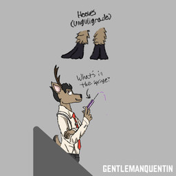 anthro black_hair caption clothing collared_shirt dress_shirt formal_wear hair hooves looking_back male medical_instrument medical_syringe necktie purple_liquid scientific_instrument shirt simple_background smile smirk suspenders syringe tie_clip topwear gentlemanquentin talbot_hawthorne_(gentlemanquentin) black-tailed_deer deer mammal 1:1