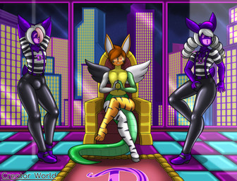 accessory anthro black_clothing black_latex black_leggings black_legwear brown_hair bulge chair city city_background clothed clothed_anthro clothed_male clothing crossed_legs crossgender drone femboy footwear ftm_crossgender furniture garter glowing glowing_eyes green_body grey_hair group hair hand_on_bulge hooves latex latex_clothing latex_leggings latex_legwear latex_skinsuit leggings legwear lock_symbol male mime multicolored_body multicolored_hair nude_anthro nude_male null_bulge orange_body pattern_clothing pattern_shirt pattern_topwear pink_hair purple_clothing purple_footwear purple_latex purple_shoes purple_skinsuit red_eyes scut_tail shirt shoes short_tail skinsuit striped_body striped_clothing striped_shirt striped_topwear stripes tail throne tight_clothing topwear trio two_tone_hair wearing_hat white_body wings yellow_body yellow_sclera creator_world_(artist) dissonance_(segariddle1990) emilie_clovis floreffe_clovis chimera lagomorph latex_creature leporid mammal rabbit 2024 hi_res brother_(lore) brother_and_sister_(lore) sibling_(lore) sister_(lore)