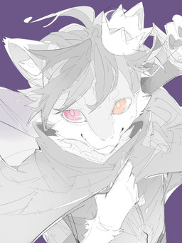 amber_eyes ambiguous_gender anthro cloak clothed clothed_anthro clothing crown dark_hair fur hair headgear heterochromia holding_clothing holding_melee_weapon holding_object holding_sword holding_weapon inner_ear_fluff jacket light_body light_fur looking_at_viewer melee_weapon pink_eyes purple_background simple_background smile smiling_at_viewer solo sword topwear tuft weapon white_sclera chiayeeee kutto canid canine fox mammal 2023 absurd_res digital_drawing_(artwork) digital_media_(artwork) hi_res