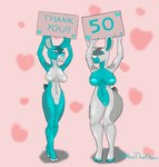 anthro big_breasts blue_body blue_nipples blue_nose breast_size_difference breasts duo eyes_closed female fur genitals heart_background heart_on_sign heart_symbol holding_object holding_sign hooves huge_breasts markings milestone nipples number pink_background placard pussy sign simple_background smile spots spotted_body spotted_fur thick_thighs unguligrade white_body white_nipples white_nose alicethedeer alice_(alicethedeer) mavy_(alicethedeer) cervine deer mammal hi_res milestone_celebration shaded