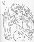 absurd_res ambiguous_gender anthro avian bird breasts canid canine clothed clothing dipstick_tail feathered_wings feathers female feral fox fur greyscale group hair hi_res long_hair mammal markings monochrome multicolored_tail navel nipples open_mouth staff susan_van_camp tail tail_markings topless traditional_media_(artwork) wings