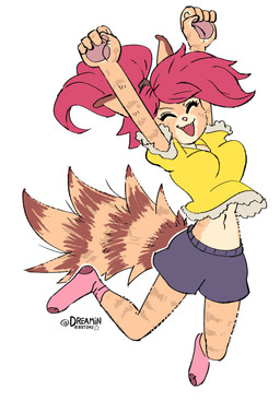 5_fingers ^_^ arms_above_head big_tail bottomwear bouncing_breasts breasts clothed clothing eyelashes eyes_closed fangs female fingers fluffy fluffy_tail footwear fully_clothed fur hair handpaw happy jumping legwear long_tail midriff multicolored_body multicolored_fur navel open_mouth pawpads paws pink_nose ponytail red_hair shirt shorts simple_background smile socks solo striped_body striped_fur stripes tail tan_body tan_fur teeth topwear two_tone_body two_tone_fur white_background dreaminerryday felid mammal unknown_species full-length_portrait hi_res portrait source_request unavailable_at_source