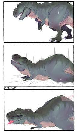 bodily_fluids collapse drooling feral saliva shaking solo sweating_profusely tailbutt tired tongue tongue_out walking vipery-07 jurassic_park jurassic_world jurassic_world:_rebirth universal_studios dinosaur prehistoric_species reptile saurischian scalie theropod tyrannosaurid tyrannosauroid tyrannosaurus tyrannosaurus_rex comic hi_res male_(lore)