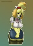 anthro big_breasts black_nose blouse bottomwear breasts brown_eyes clothing exposure_variation female female_anthro fur green_lipstick legwear lipstick makeup secretary skirt smile solo stockings topwear yellow_body yellow_fur ceyemeka animal_crossing nintendo isabelle_(animal_crossing) canid canine canis domestic_dog mammal shih_tzu toy_dog hi_res