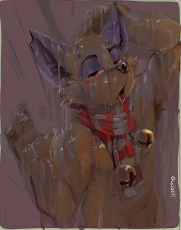 anthro black_nose brown_armpit_hair cheek_tuft clothing facial_tuft fur glistening glistening_eyes looking_at_viewer male male_anthro narrowed_eyes open_mouth orange_body orange_fur pattern_clothing pattern_scarf red_eyes red_scarf red_tongue scarf simple_background solo striped_clothing striped_scarf stripes tongue tongue_out tuft wet wet_body white_scarf oselotti vulfe_(hackencraft) canid canine mammal 2025 absurd_res half-length_portrait hi_res portrait signature