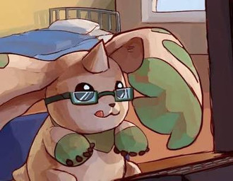 anthro bedroom computer electronics eyewear fur glasses humor long_ears male solo tongue tongue_out typing white_body white_fur portalmasterdan64 bandai_namco digimon digimon_(species) terriermon low_res