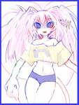 bangs big_hair bloodshot_eyes blue_border border bottomwear clothing crop_top female fishbone hair hair_intakes pink_hair shirt shorts smile solo tail topwear yogurt200 8eyes organicgirl_(8eyes) girl_(8eyes) humanoid tailed_humanoid 3:4 absurd_res hi_res