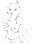 angry anthro chest_tuft cigarette clothed clothing female fluffy glare sharp_teeth solo teeth tuft boreoboros disney pack_street zootopia betty_(weaver) fan_character canid canine canis mammal wolf 3:4 absurd_res hi_res monochrome