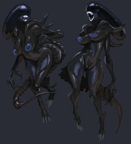 anthro areola biped black_body breasts eyeless female genitals nipples nude open_mouth sharp_teeth simple_background solo tail teeth vulva wide_hips lightsource alien_(franchise) alien xenomorph hi_res