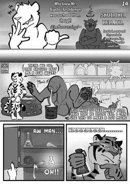 angry anthro balls big_balls big_penis blush bodily_fluids cum dream duo erection excessive_cum excessive_genital_fluids facial_scar fur genital_fluids genitals halo huge_balls huge_penis humanoid_genitalia kiddie_pool laugh male male/male muscular nude pawpads paws penis potion potion_bottle scar size_difference smile soul stripes tail teeth text thinking picantetortuga mythology darius_(picantetortuga) juno_(picantetortuga) canid canine felid mammal mythological_canine mythological_creature pantherine spirit tiger werecanid werecanine werecreature absurd_res comic digital_media_(artwork) english_text hi_res monochrome