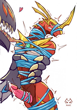 5_fingers abs animal_genitalia animal_penis anthro arms_tied bdsm blush blush_lines bodily_fluids bondage bound claws crystal dominant dominant_anthro dominant_male duo erection finger_claws fingers fully_bound gag gagged genital_fluids genital_rope genital_slit genitals green_eyes hands_behind_back heart_symbol holding_character horn larger_male legs_tied licking licking_another logo male male/male motion_lines muffled muscular muscular_anthro muscular_male neck_tied nude nude_anthro nude_male open_mouth penis penis_rope restrained restraints rope rope_bondage rope_harness sharp_teeth simple_background size_difference smaller_male standing submissive submissive_anthro submissive_male sweat teeth tongue tongue_out white_background moire_dragon bakugan mythology drago_(bakugan) razenoid_(bakugan) dragon mythological_creature mythological_scalie scalie hi_res