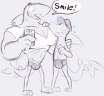 anthro barefoot bodily_fluids briefs bulge clothed clothing dialogue duo embarrassed feet male muscular muscular_male open_mouth shirt smile speech_bubble standing sweat tank_top teeth_showing text topless topwear underwear goronic fish marine shark digital_media_(artwork) english_text