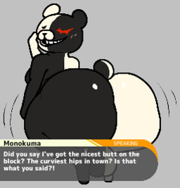 anthro balls big_butt black_body blush butt dialogue dialogue_box genitals huge_butt looking_at_viewer male motion_lines multicolored_body shaking_butt solo text two_tone_body white_body chip_at_night danganronpa spike_chunsoft monokuma bear mammal 2026 digital_drawing_(artwork) digital_media_(artwork) english_text
