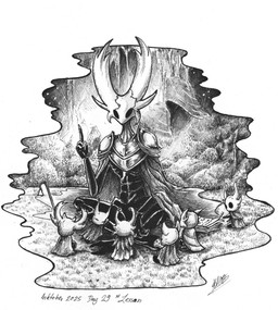 ambiguous_gender black_body black_eyes clothed clothing grass group horn multi_horn on_ground paper plant shoulder_pads sitting xdunkelseelex hollow_knight_(franchise) inktober inktober_2025 team_cherry arthropod vessel_(species) 2025 absurd_res hi_res monochrome signature traditional_media_(artwork)