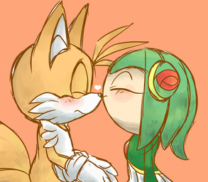2_tails anthro anticipation blush clothed clothing dress duo eyes_closed female fur gloves green_hair hair handwear heart_symbol kiss_on_nose kissing love male male/female multi_tail multicolored_body multicolored_fur orange_background plant romantic romantic_couple side_view simple_background tail two_tone_body two_tone_fur white_body white_fur yellow_body yellow_fur pokunchan sega sonic_the_hedgehog_(series) sonic_x cosmo_the_seedrian miles_prower canid canine elemental_creature flora_fauna fox humanoid mammal seedrian 2013 digital_drawing_(artwork) digital_media_(artwork)