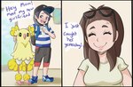 clothing cross-popping_vein eyewear feathers female feral footwear glasses group shoes smile trio vein yellow_body yellow_feathers afrobull nintendo pokemon elio_(pokemon) avian bird generation_7_pokemon human mammal oricorio pokemon_(species) pom-pom_oricorio 2016