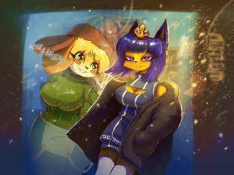 anthro big_breasts blue_hair blush breasts clothing dress duo eyeshadow female female/female fur glowing hair hat headgear headwear jacket legwear looking_at_viewer makeup night snow snowfall stockings sweater text thick_thighs topwear town uraeus yellow_body yellow_fur mistleinn animal_crossing nintendo ankha_(animal_crossing) isabelle_(animal_crossing) canid canine canis domestic_cat domestic_dog felid feline felis mammal shih_tzu toy_dog 4:3 english_text hi_res