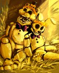 bow_tie duo empty_eyes fingers flower flower_crown forest light light_beam machine open_mouth painting plant sunbeam sunlight tree zooskazoo five_nights_at_freddy's scottgames golden_freddy_(fnaf) spring_bonnie_(fnaf) animatronic bear lagomorph leporid mammal rabbit robot 2023 detailed digital_media_(artwork) hi_res shaded watermark