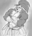 2021 anthro armor badcoyote bear belt biceps black_and_white blizzard_entertainment bottomwear chest_tuft claws clothed clothing crossed_arms finger_claws fur hair hi_res looking_at_viewer male mammal monochrome multicolored_body multicolored_fur musclegut muscular muscular_anthro muscular_male pandaren pecs ponytail portrait rope rope_belt sketch solo three-quarter_portrait topless triceps tuft two_tone_body two_tone_fur warcraft wraps wrist_wraps