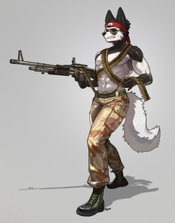 abs accessory ammo_belt anthro arm_tuft belt black_body black_fur boots bottomwear camo camo_bottomwear camo_clothing camo_pants camo_print clenched_teeth clothed clothing eyebrows eyewear footwear fur gun headband m60 machine_gun male muscular navel pants pattern_bottomwear pattern_clothing pattern_pants ranged_weapon shoes shoulder_tuft solo sunglasses teeth topless tuft weapon white_body white_fur pgm300 canid canine canis mammal 2025 absurd_res hi_res