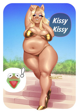 anthro belly big_breasts big_eyes big_mouth_(anatomy) big_nose bikini biped black_eyebrows blonde_hair blue_eyes blue_sky blush blush_lines blushing_profusely border breasts clothed clothed_anthro clothed_female clothing day duo exclamation_point eyebrow_through_hair eyebrows eyelashes eyelashes_through_hair eyeshadow female glistening glistening_arms glistening_belly glistening_body glistening_breasts glistening_ears glistening_eyelids glistening_hair glistening_legs glistening_thighs gold_bikini gold_footwear gold_swimwear golden_clothing golden_high_heels green_body hair half-closed_eyes hand_behind_head iris light_body lips lipstick long_hair looking_at_another makeup male narrowed_eyes noseless outside overweight overweight_anthro overweight_female pink_tongue plant plantigrade pose pupils purple_eyeshadow red_blush shadow shrub skimpy skimpy_bikini skimpy_swimwear sky smile sparkles speech_bubble straight_legs swimwear teeth text thick_bottom_lip thick_eyelashes thick_thighs three-quarter_view tongue translucent translucent_hair two-piece_swimsuit unusual_eyes walking white_border white_sclera white_text yellow_lips yellow_lipstick toast-arts muppets kermit_the_frog miss_piggy amphibian domestic_pig frog mammal suid suine sus_(pig) 2025 artist_name digital_drawing_(artwork) digital_media_(artwork) english_text hi_res