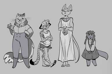 anthro barefoot bottomwear casual_clothing clothed clothing crossed_arms egyptian egyptian_clothing feet female fluffy fluffy_tail group hair hairless head_tuft high_waisted_bottomwear lineup looking_at_viewer pants pawpads shorts standing tail tongue tongue_out tuft wave mishacakes domestic_cat felid feline felis hairless_cat mammal scottish_fold sphynx_(cat) greyscale hi_res monochrome