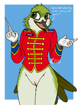 anthro bottomless bottomless_female casual_exposure clothed clothing conducting_baton conductor female formal_wear freckled_face freckled_legs freckled_thighs freckles genitals gloves handwear marching_band_uniform name_tag solo uniform vulva fish_birb sarah_(fish_birb) apodiform avian bird hummingbird absurd_res hi_res